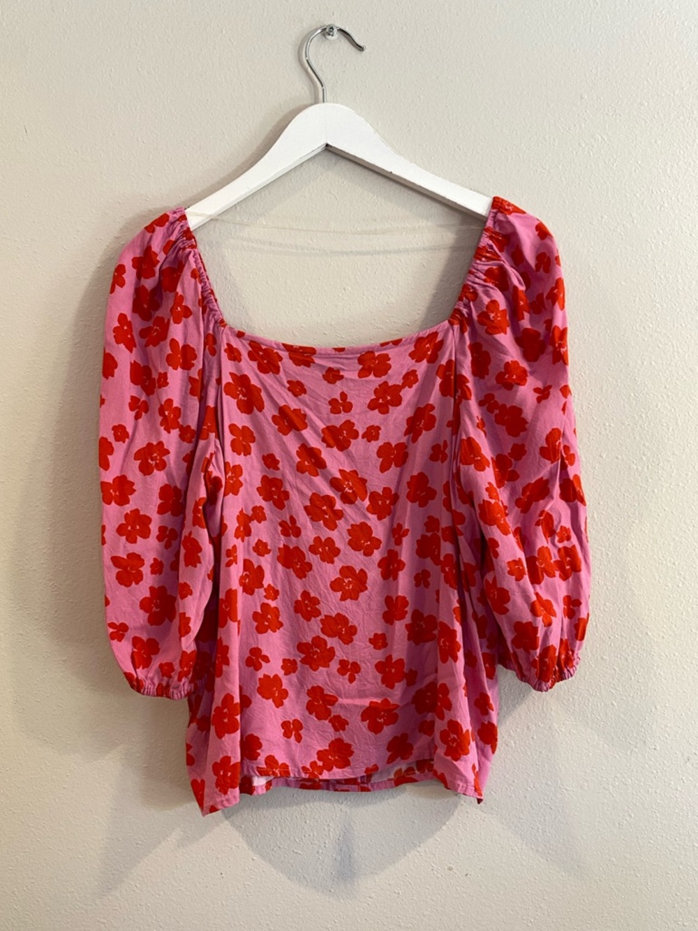 Sanctuary Pink Red Floral Poppy Button Front Top Large Puff Sleeve Boho Romantic - Picture 8 of 9